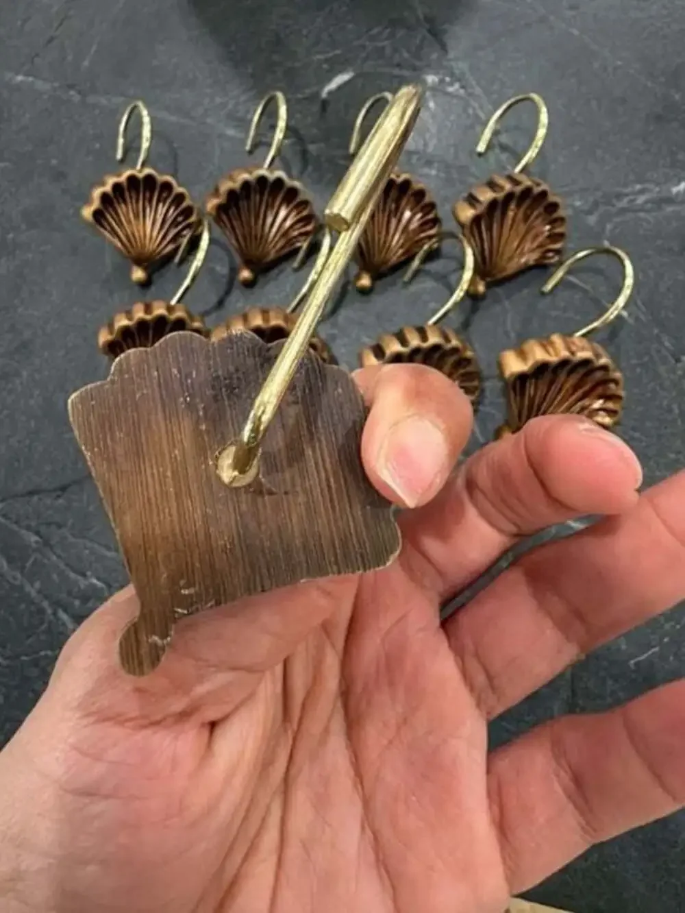 Vintage Brass Tone Scallop Shell Shower Curtain Hooks, Set of 10